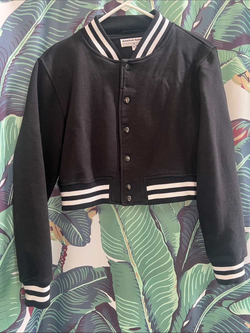 American Apparel Black Varsity Cropped sweatshirt Jacket with White Stripes M
